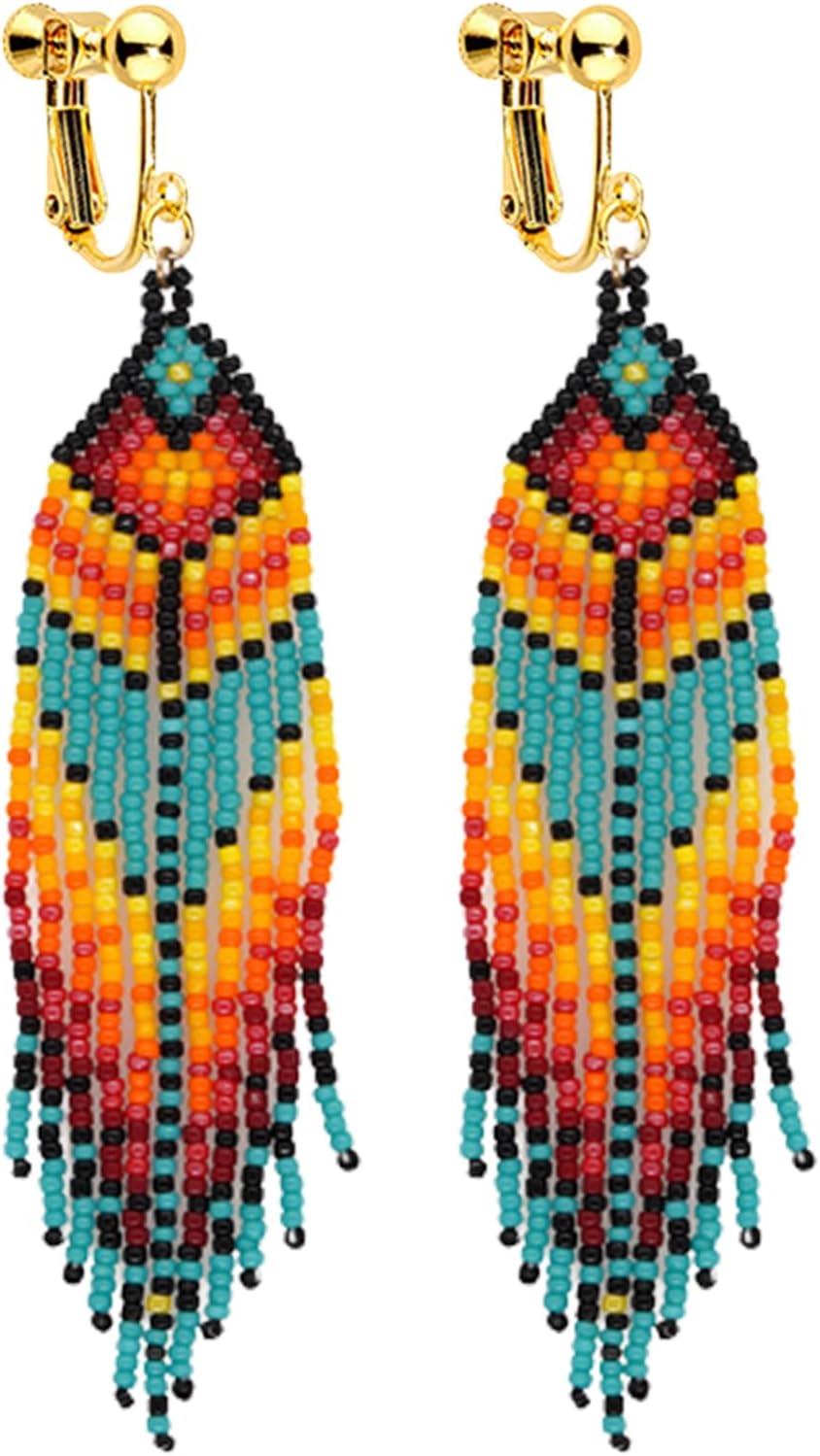 Clip on dangling earrings long tassel boho stripe jewelry