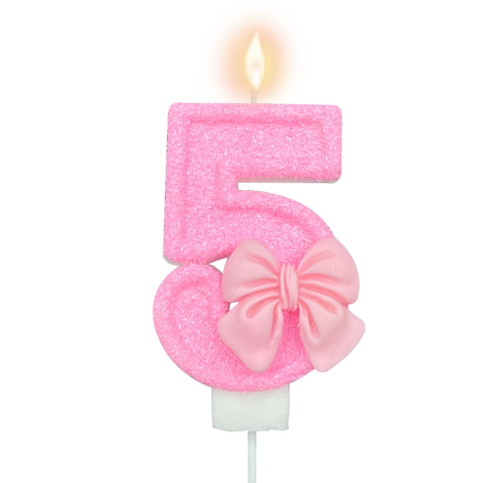 Pink Number 5 Candle for Girl Birthday Party Decorations, Girl 5th Birthday Party Decorations Supplies, 3D Bow Designed Pink Number Candles for
