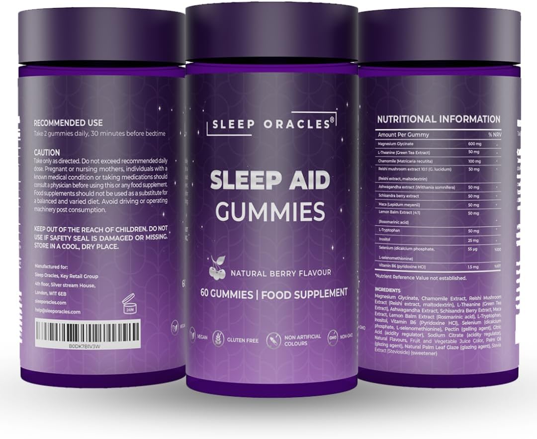 Sleep Oracles Magnesium Glycinate Sleep Aid Gummies | with Ashwagandha, Lemon Balm & L-Theanine for Deep Sleep & Relaxation | Vegan, Sugar Free, Gluten Free, Natural Berry Flavor | 60 Gummies