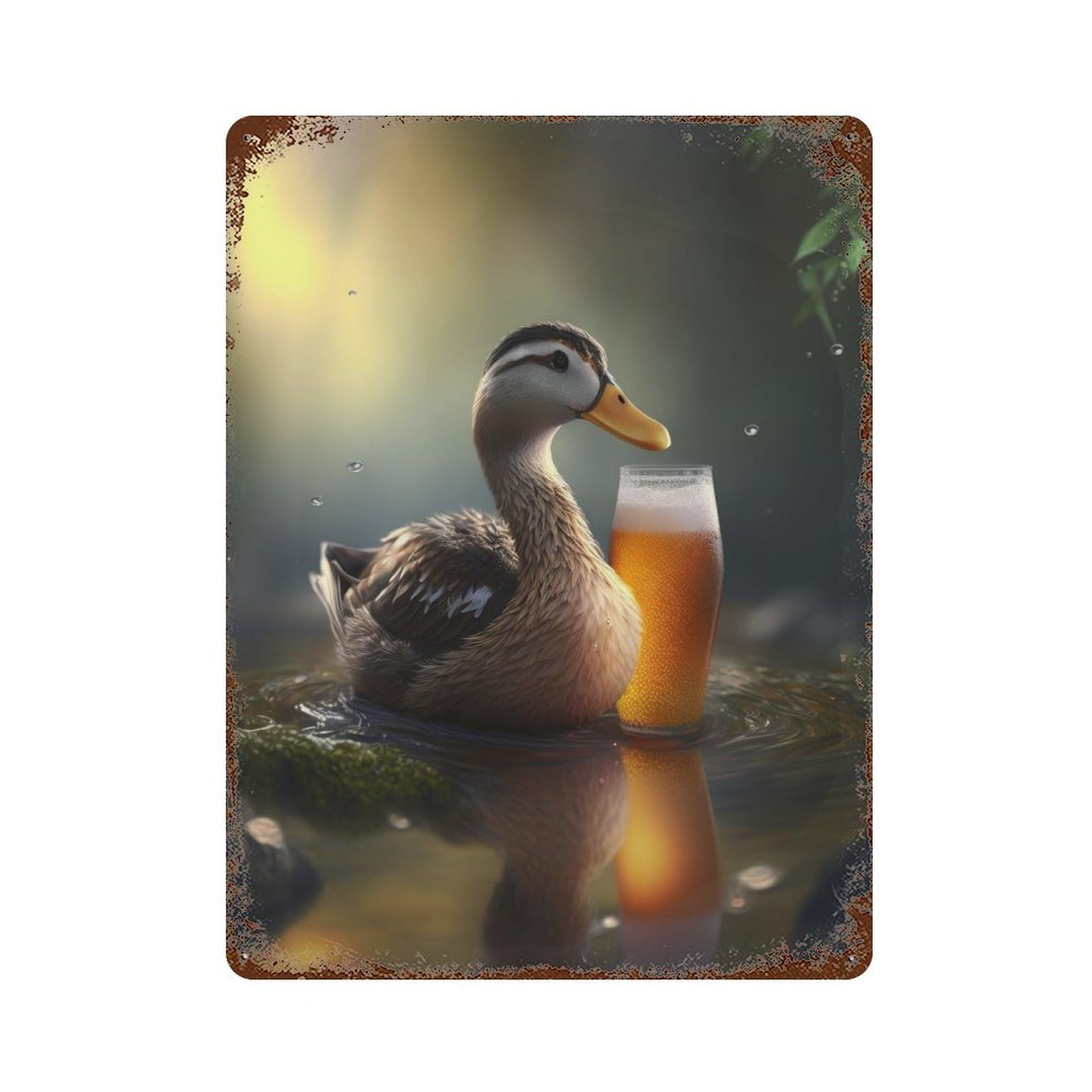 Rustic Tin Plaque with Duck Beer Design 15.7"x11.8", for Cafe, Home Bar And Lounge Decor, Industrial Home Decor
