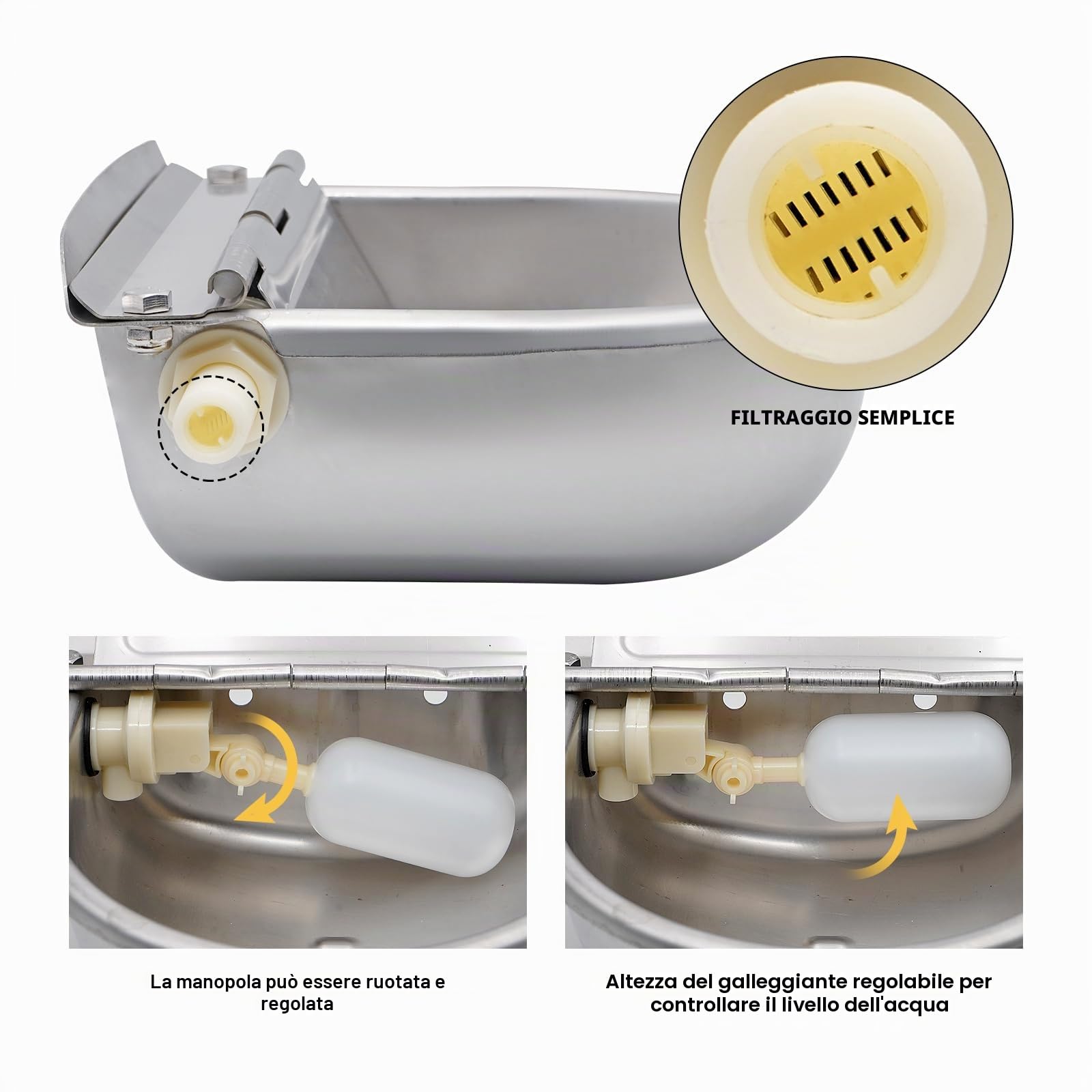 Abbeveratoio per Animali Domestici in Acciaio Inox Con Connettore, Ciotola per Acqua Automatica con Valvola A Galleggiante Regolabile Per Bovini, Maiali, Pecore, Cani