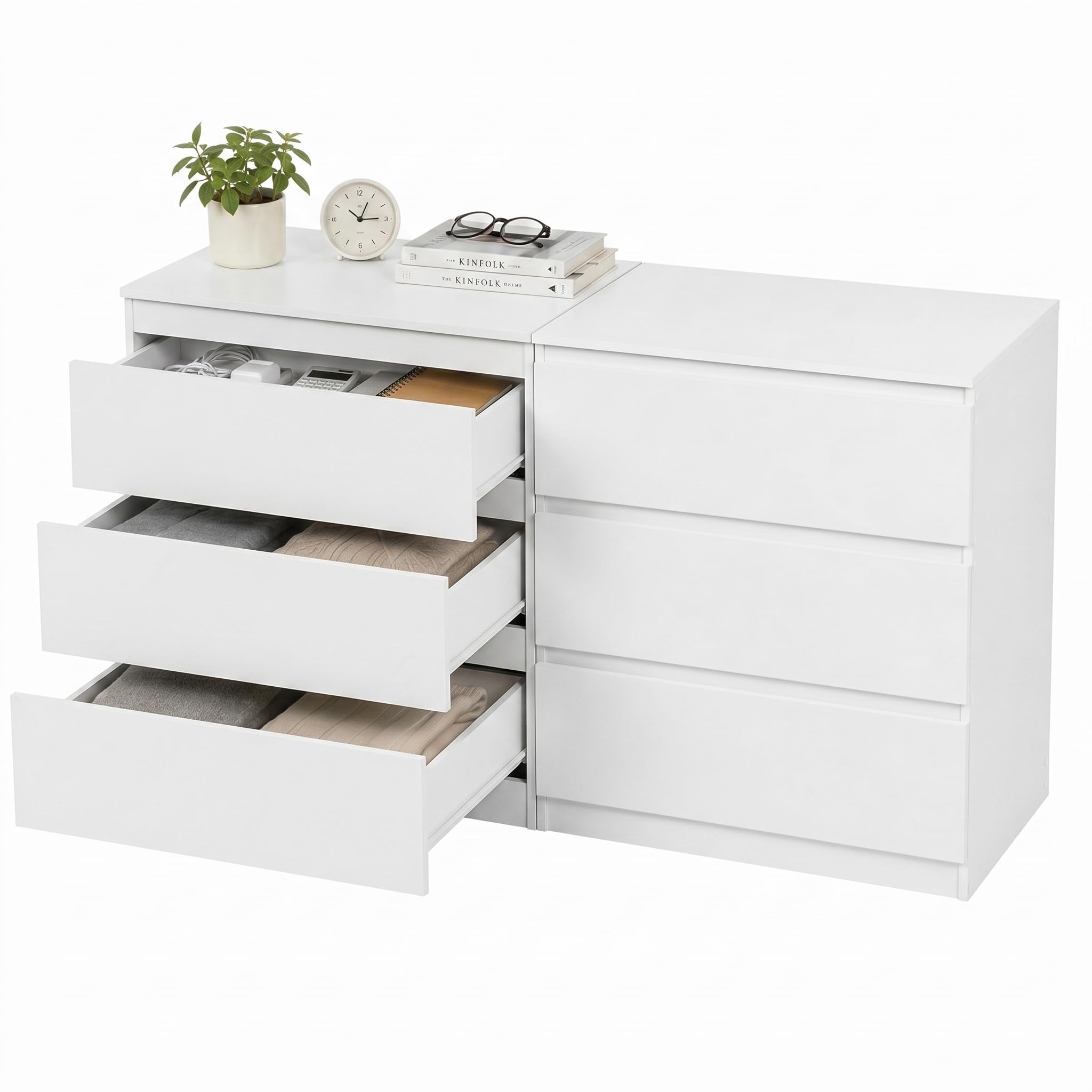 2er Set Komodenschrank für Schlafzimmer 60 cm Breit Kommode Weiß mit 3 Schubladen, Nachtkasten Schubladenkommode Kommode&Sideboard Komoda Weiss für Büro Wohnzimmer Schlafzimmer Flur Möbel(60x40x70CM)