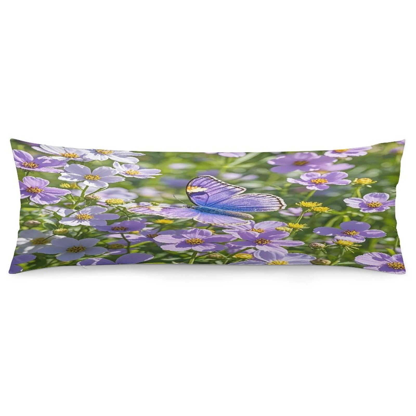 Purple Butterfly and Flowers Pillowcase Decorative Body Pillow Cover Soft Full Long Pillow Case Breathable Large Body Pillowcase Cute Cozy Pillow Sham for Bed Couch Sofa 18.9 X 53 Inch