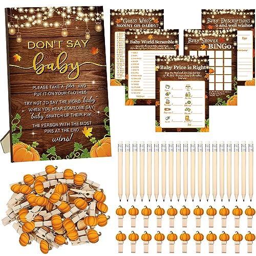 Patelai 321 Pcs Baby Shower Games Supplies, 5 Sets (50 Cards Each) Activities Cards with 20 Pencils 1 Don't Say Baby Sign 50 Clothespin(Pumpkin)