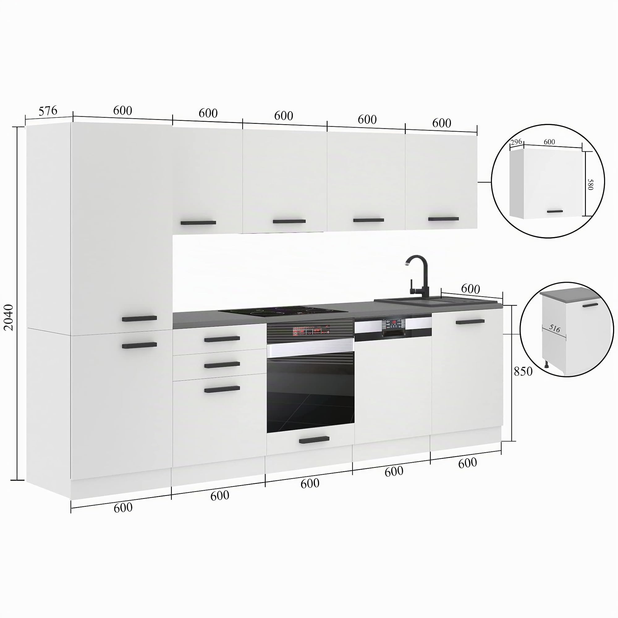 Belini Cuisine 300 cm Rose, avec Plan de Travail, Argent Mat | Bloc cuisine meubles de cuisine cuisine intégrée complet sans électroménager avec meubles hauts et meubles bas