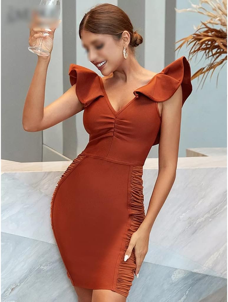 JJZXD ミニイブニング包帯ドレス女性のセクシーな V ネックバタフライスリーブフリルセレブドレープ夏クラブパーティードレス衣装