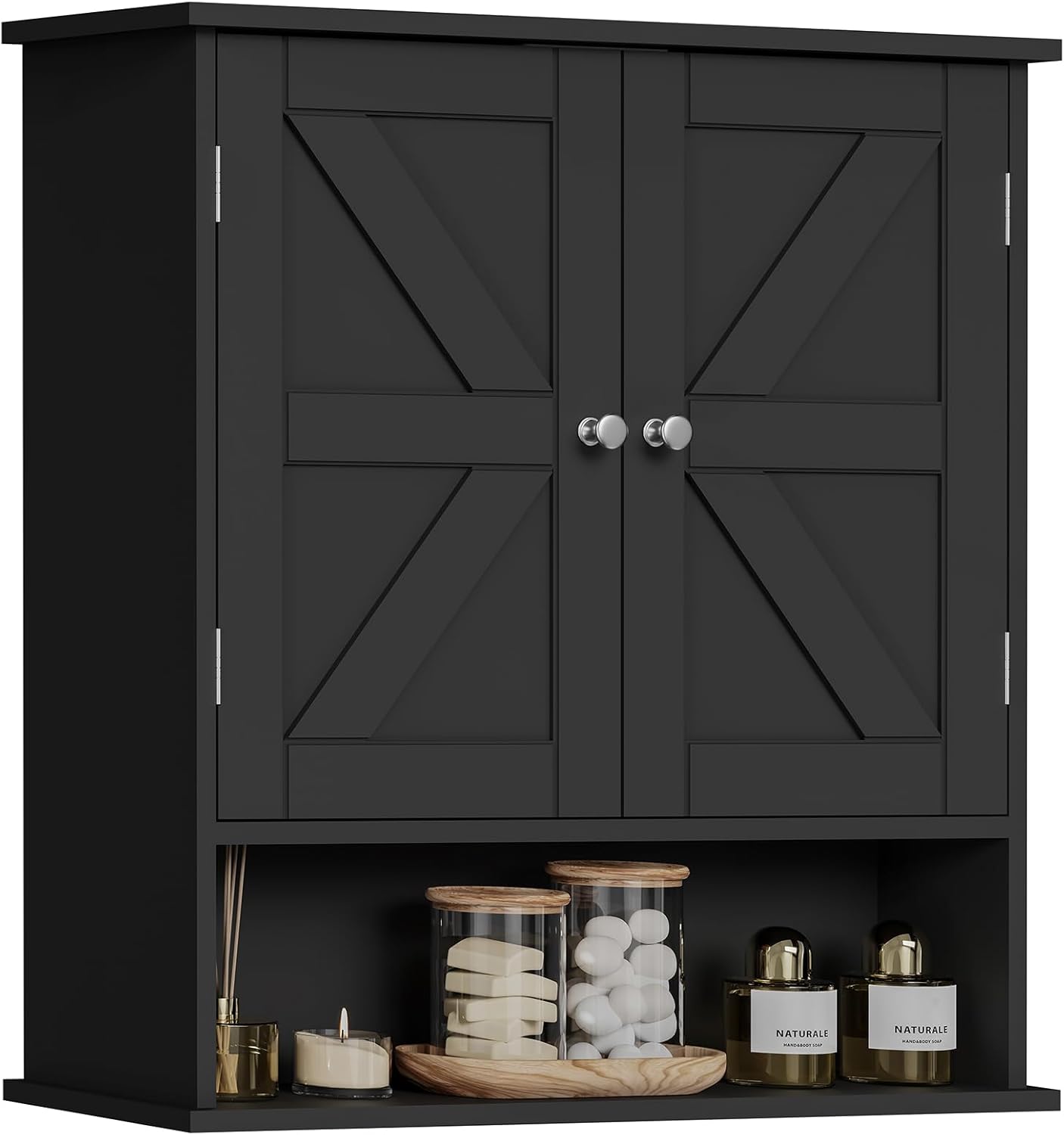 Bathroom Wall Cabinet, Bathroom Cabinet with Barn Doors & Adjustable Shelf, Over The Toilet Storage Cabinet, Medicine Cabinet, Black