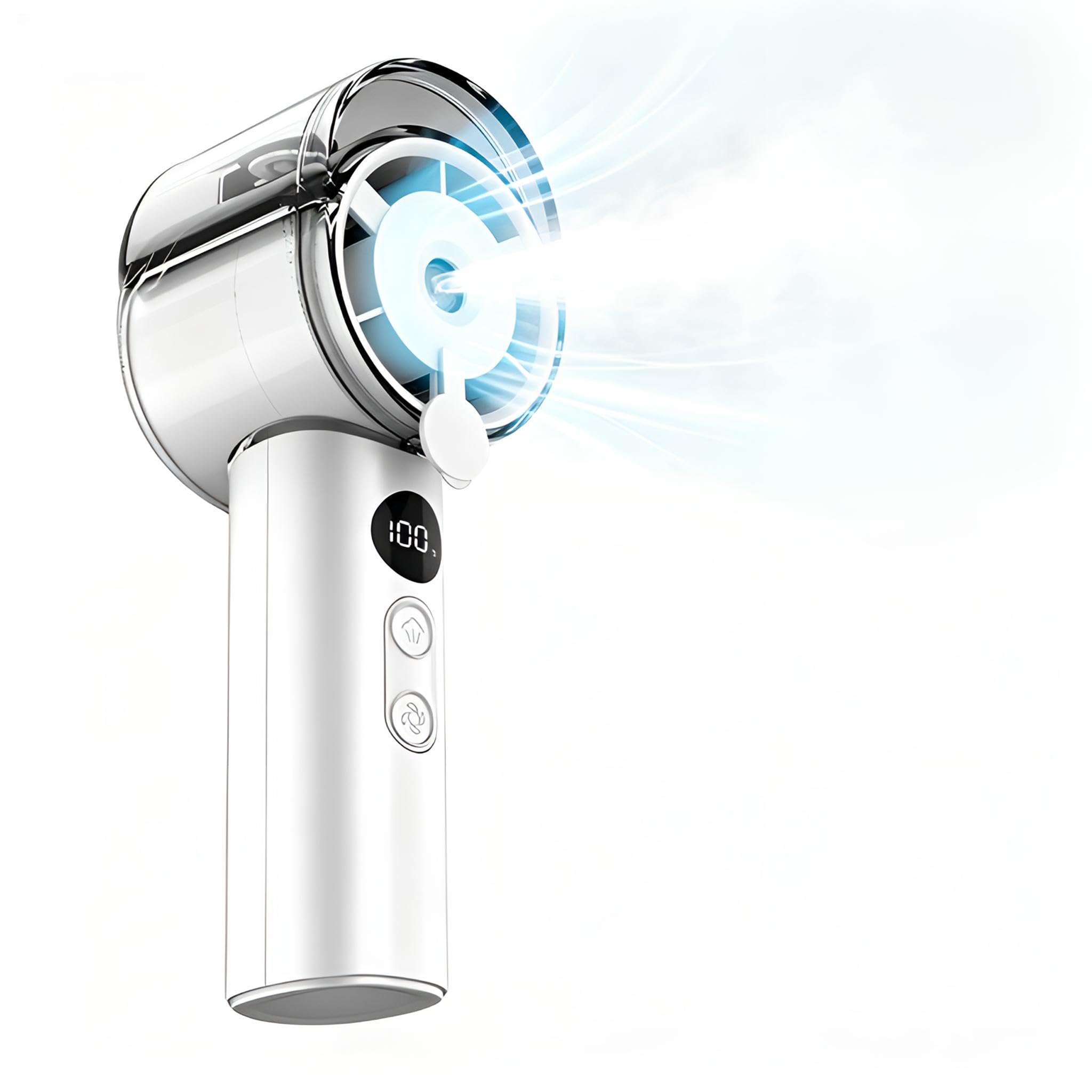 Wiederaufladbarer Handheld-Hochgeschwindigkeitslüfter mit Kühlspray, Outdoor-Kühlbefeuchter kleiner Lüfter, Langdruckschalter zur Einstellung der 100-Gangsanzeige/Kühlspray.