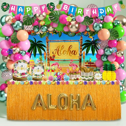 Luau Birthday Party Decorations 321Pcs Hawaiian Tropical Aloha Party Supplies for Summer Beach Holiday Disposable Dinnerware Set (24 Guest) Table Skirt Straws Backdrop Banner Balloon Garland Kit