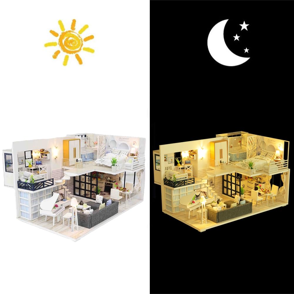 Kit fai da te in miniatura per casa delle bambole a 2 piani, modello moderno in legno con luci a LED, kit di costruzione fai da te, regalo creativo per hobby per adulti e ragazzi