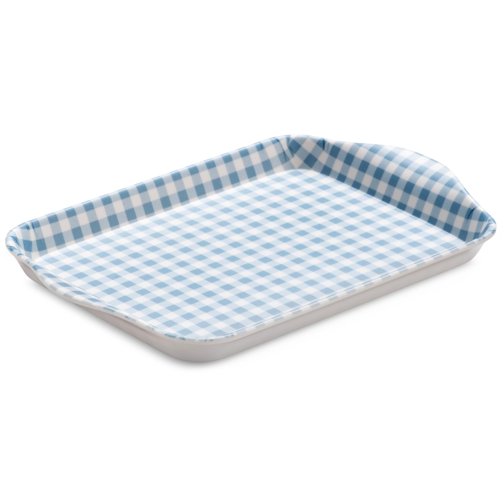 Zeal Mini Serving Tray, Small Melamine Tea & Coffee Tray, Gingham Pattern Snack & Drinks Tray with Raised Handles, BPA Free, 18 x 14cm (Provence Blue)