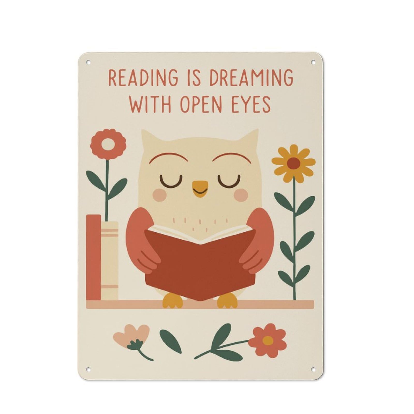 Junmoney Style-12 Reading Owl With Flowers Illustration Metal Wall Sign 40X30cm, Rustic Decor For Workshop Wall, For Vintage Wall Decor Fans, For Themed Room Decoration