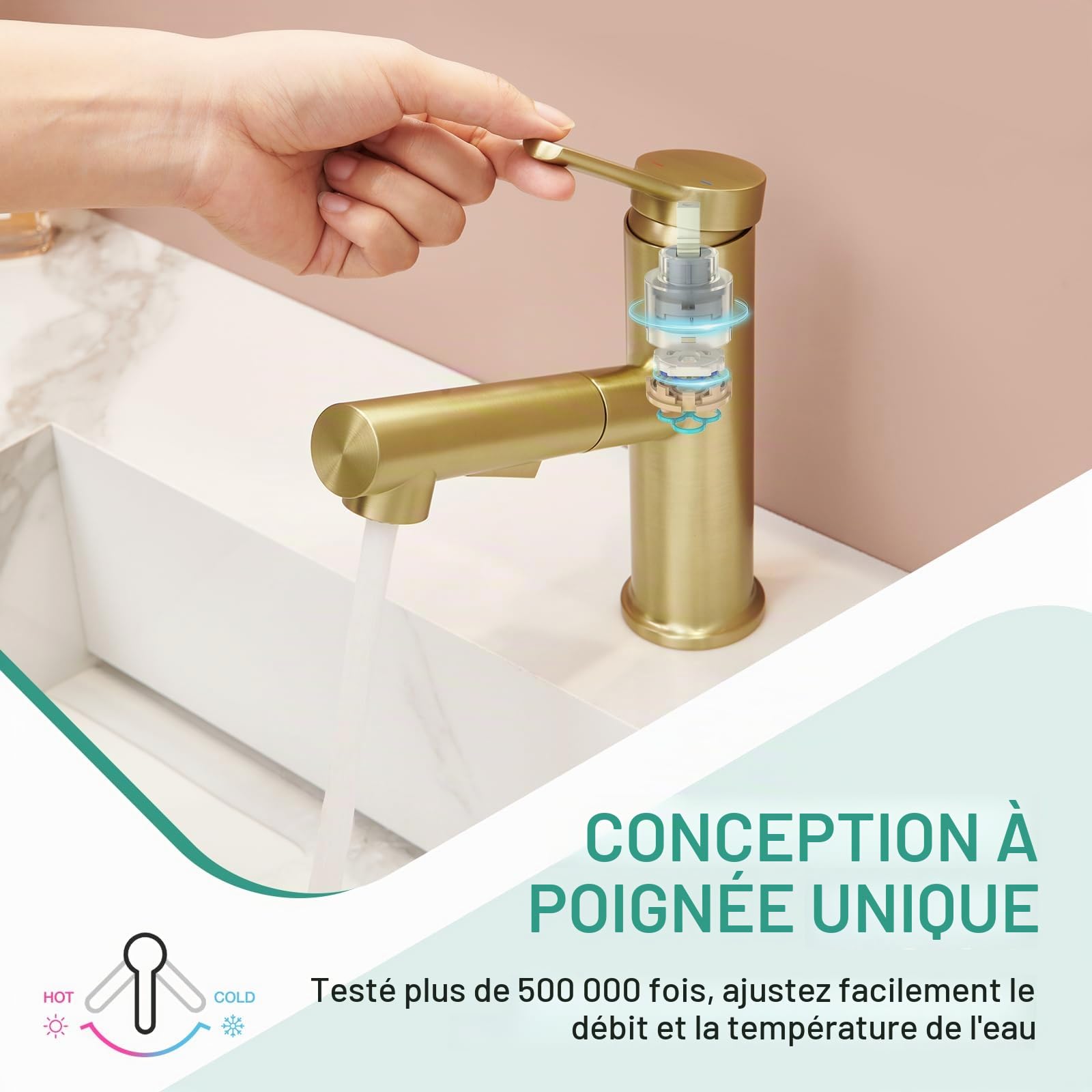 Faustina Robinet Salle de Bain pour Lavabo avec Douchette Extractible, Mitigeur Monocommande Monotrou, Or