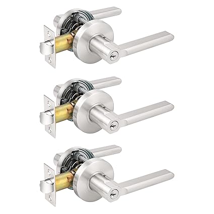 Probrico Flat Keyed Alike Entry Door Levers, Satin Nickel Single Cylinder Door Locks with Same Keys, Exterior Interior Door Levers with Lock and Key, Reversible for Right & Left Side, 3 Pack