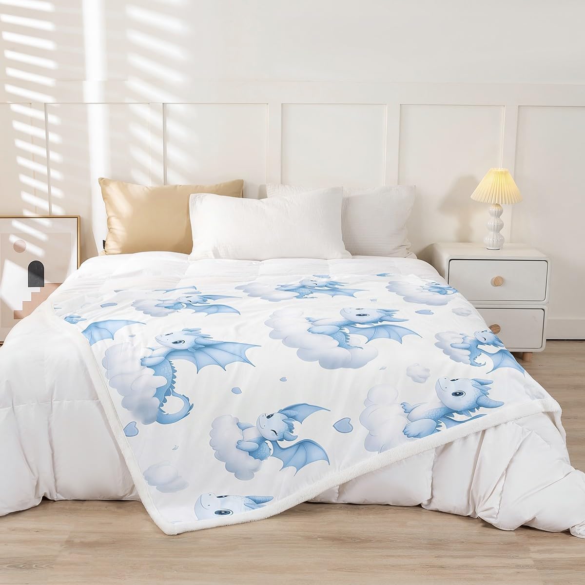 Cute Dragon Fleece Blanket,Blue Dragon Wings Lovely Wildlife White Bed Blanket for Kids Teens,Kawaii Animal Sky Clouds Fantasy Cartoon Flannel Blanket for Room Decor,Queen 90"x90"