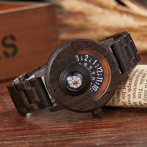 Miniatura 3 de GORBEN Reloj con brújula y tocadiscos de madera para hombre, elegante reloj de pulsera de madera para hombre, reloj de cuarzo ligero hecho a mano