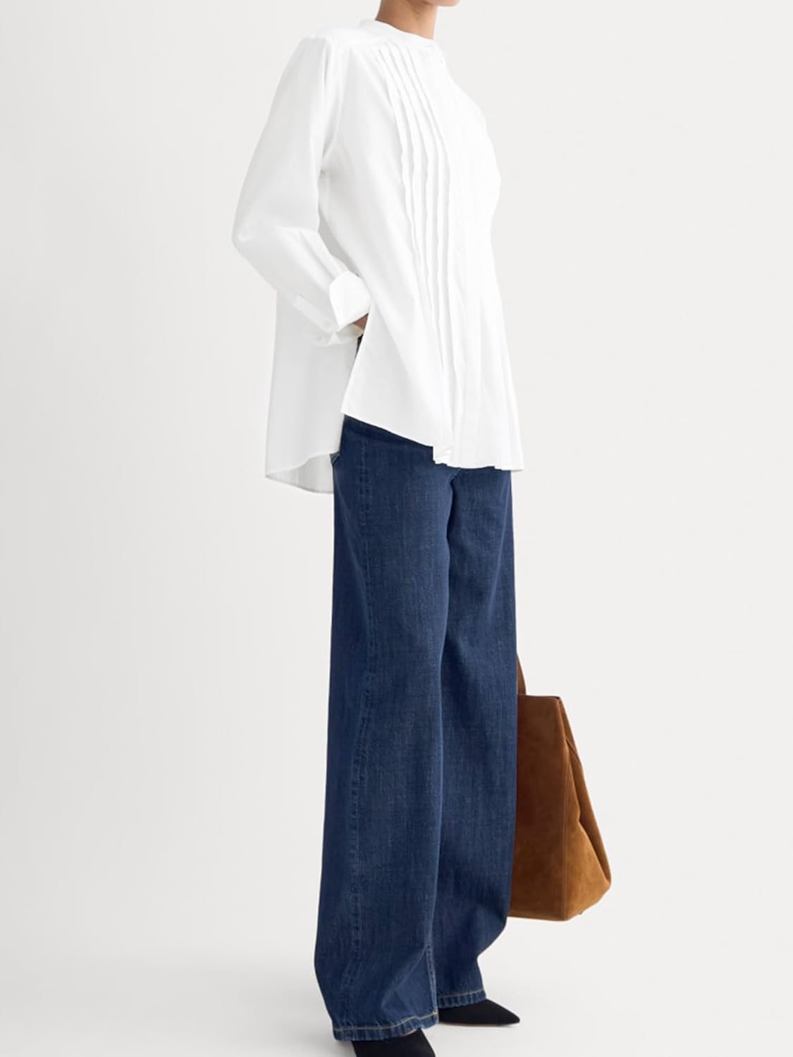 SUNNOW Women Pleated Shirt with Voluminous Sleeves, Hidden Placket & Side Slits - Elegant Blouse - Image 4