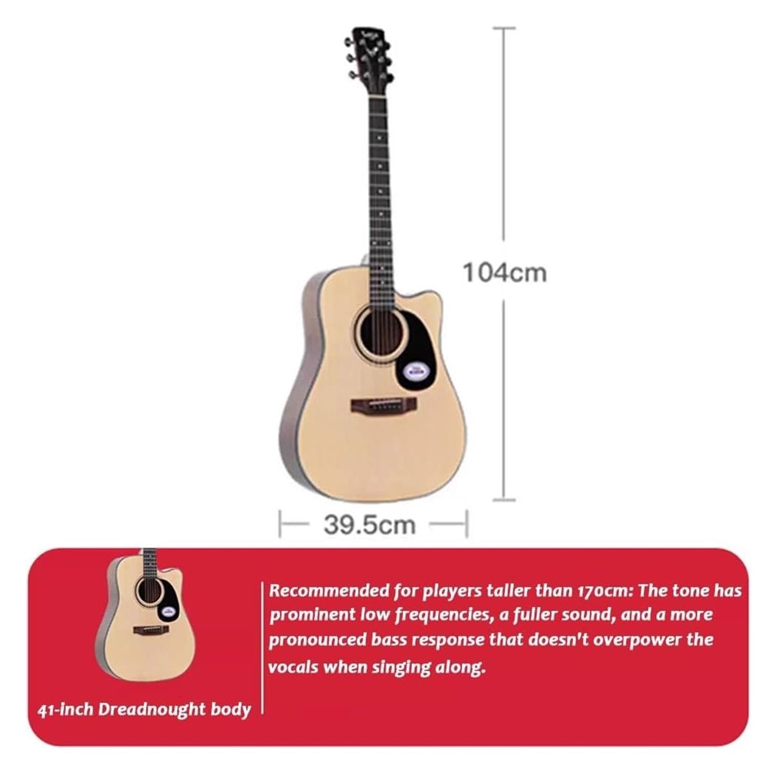 Chitarra acustica, corpo da concerto a spalla mancante, consigliato per persone più alte di 160 cm (nero)