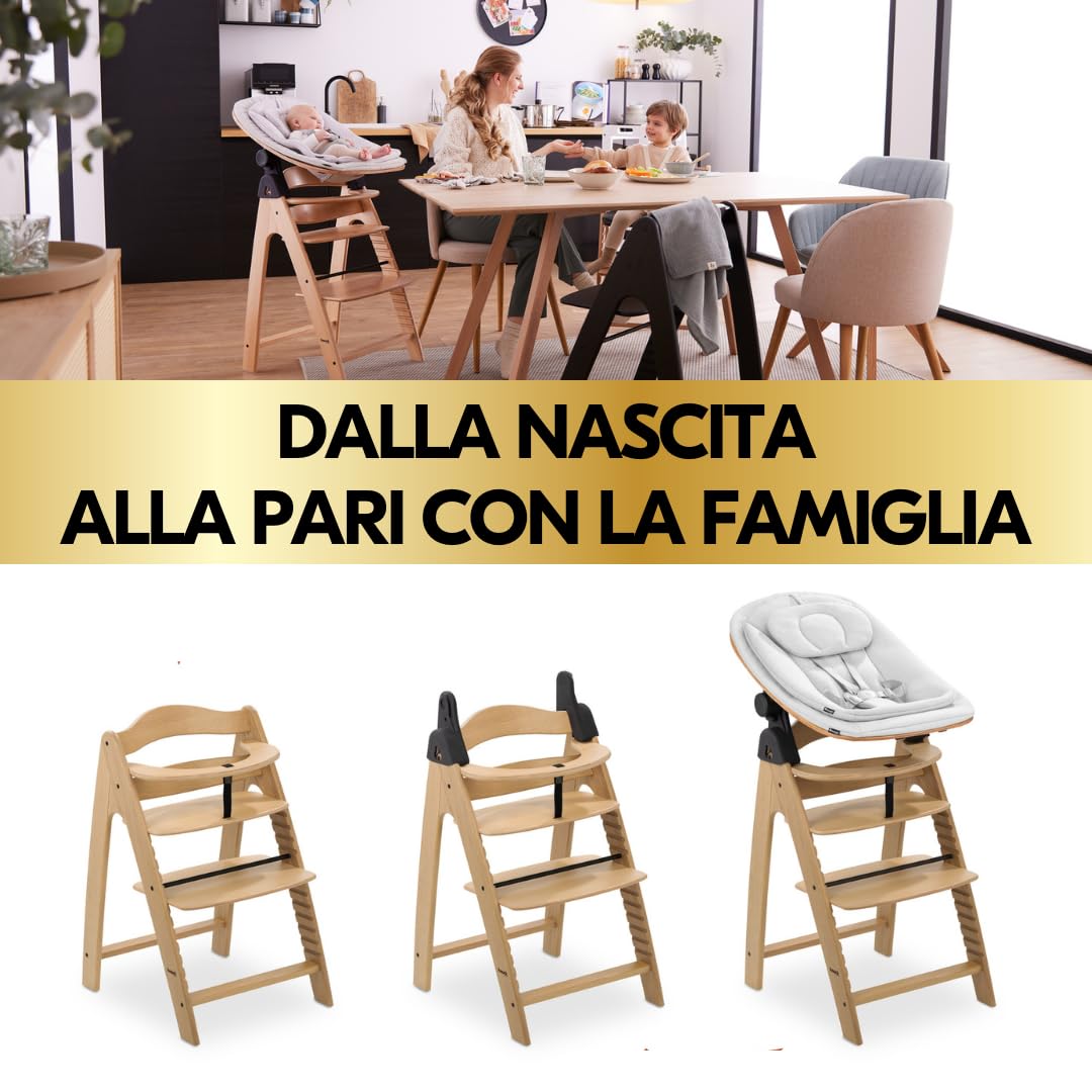 hauck Seggiolone Pappa Arketa Newborn Set Eco Bouncer – Seggiolone Evolutivo Legno Regolabile per Crescere insieme fin dalla Nascita, incluso Sdraietta Neonati e Cuscino (Quercia)