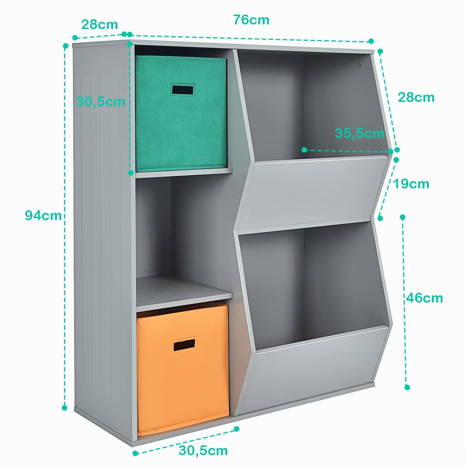 COSTWAY Estantería Infantil para Juguetes, Organizador de Juguetes, 3 Cubos y 2 Amplias Cajas Abiertas, Sala de Juegos de los Niños, Salón, 76 cm x 28 cm x 94 cm (Gris)