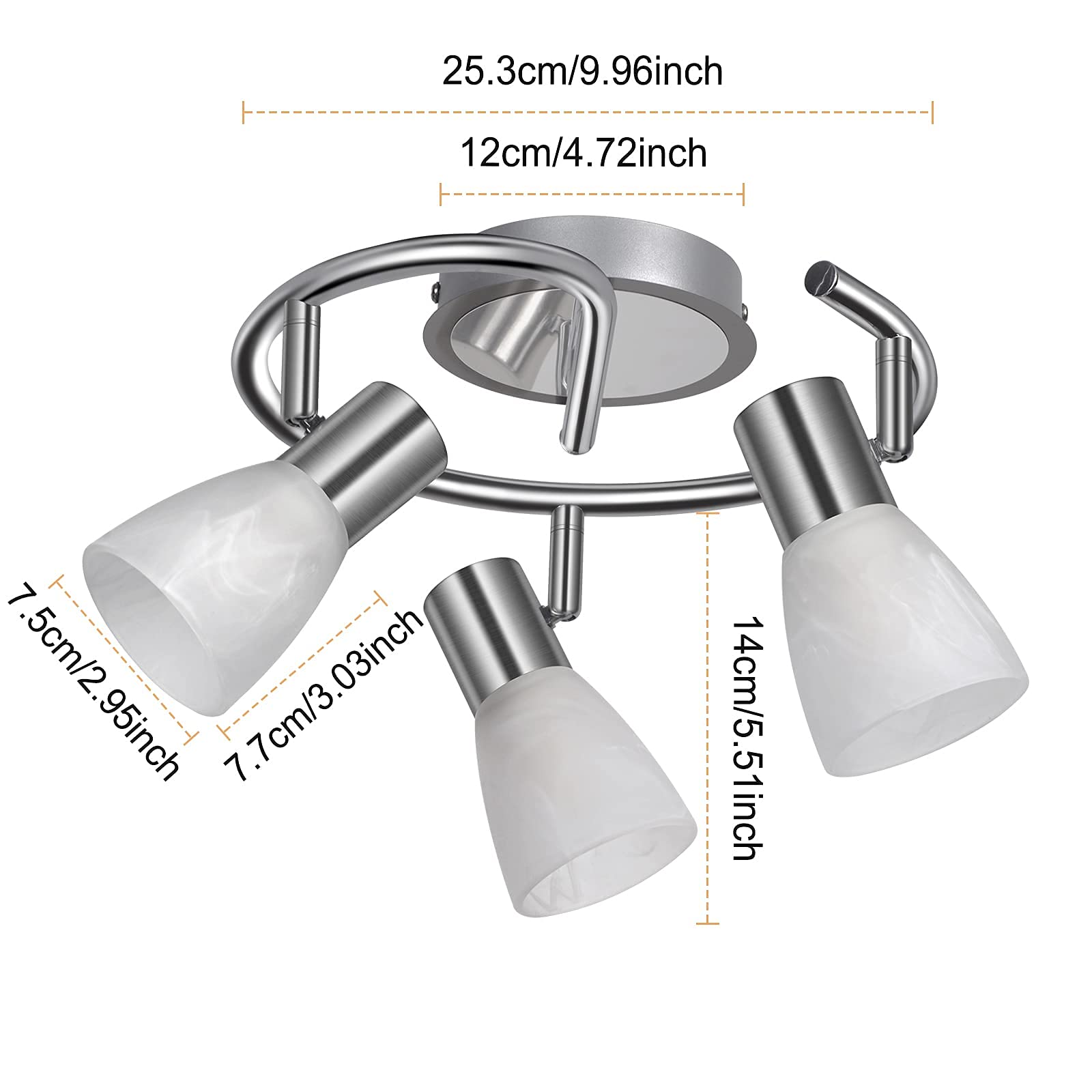 3 Flammig Deckenstrahler E14 LED Deckenleuchte Schwenkbar Deckenlampe wohnzimmer Schlafzimmer Glasschirm Mit 3x 4W 400LM Warmweiß Leuchtmittel