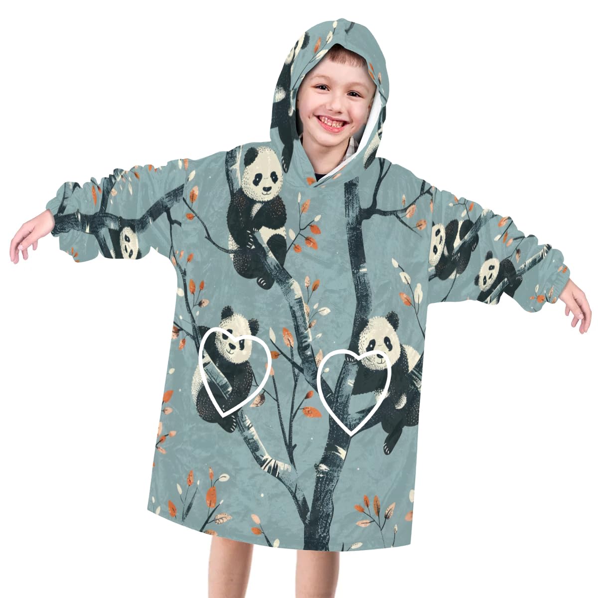 Wearable Blanket Hoodie for Kids, Playful Panda Fleece Sweatshirt Blanket Oversized Blanket Sweatshirt with Pocket Flannel Warm Hooded Blanket 6-10 Year Old Girl Boy Gift, One Size