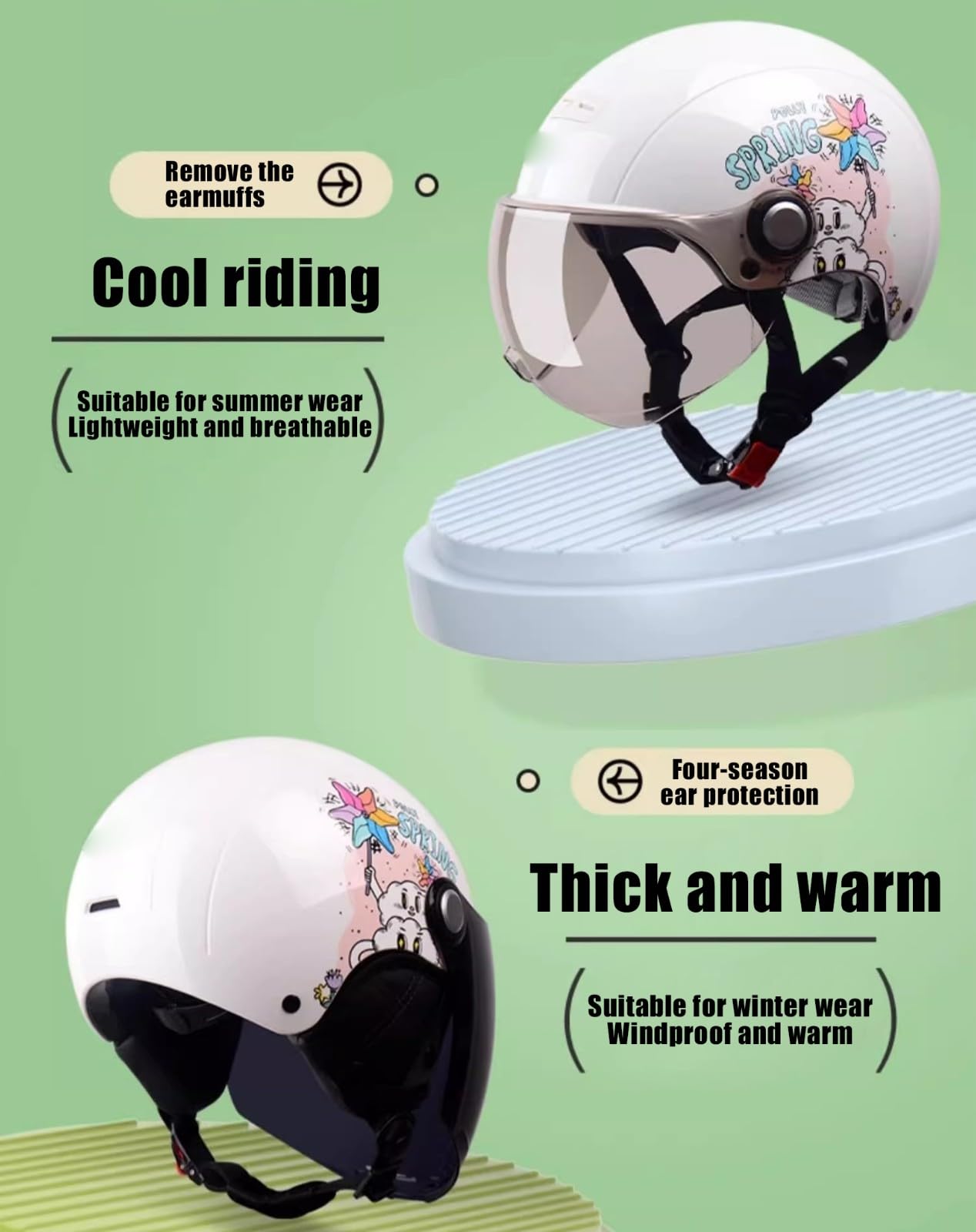Kask motocyklowy 3/4 ze słodkim wzorem, certyfikat DOT/ECE, lekki kask motocyklowy z wizjerem i zdejmowanymi nausznikami z podszewką, otwarty kask motocyklowy do skutera