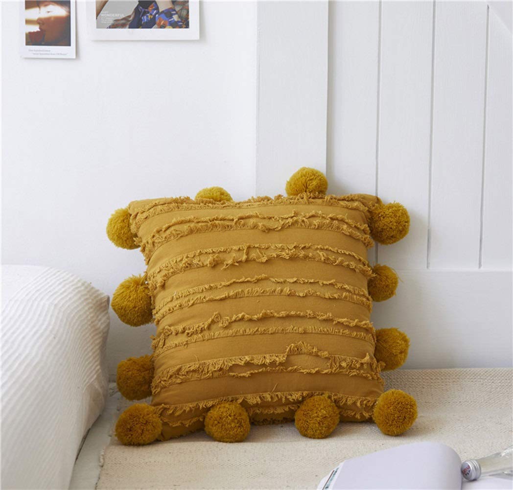 MiDuoHU Linen Throw Pillow Cushion Covers 45x45cm Nordic Plush Jacquard Pompoms Decoration Craft Decorative pillow Case, Hotel and Homestay Sofa Cushion Cover(Yellow)