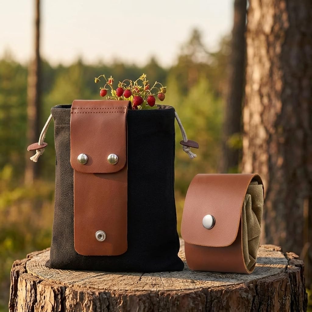 Foraging Pouch Foldable PU Belt Bag for Outdoor Picking Black image 2