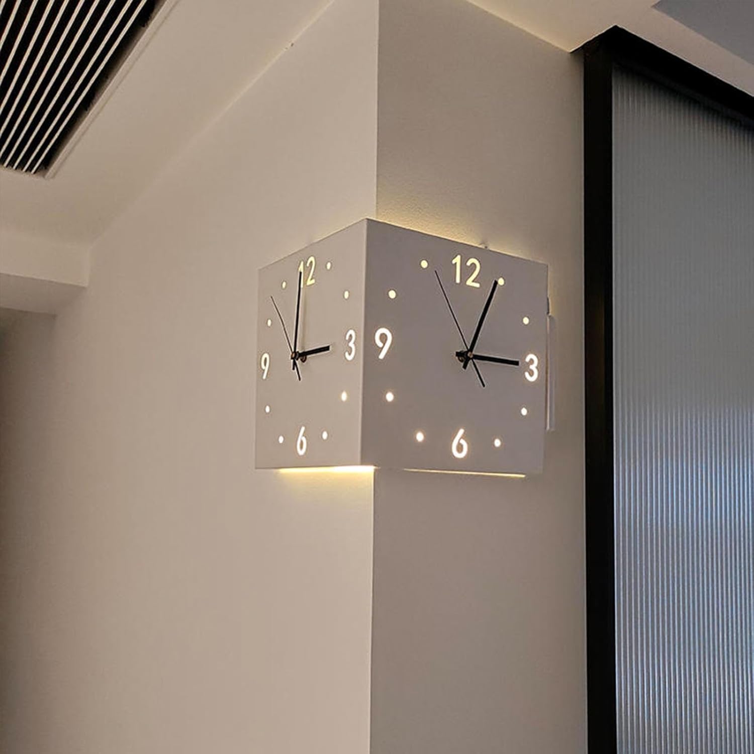 Operated Silent Square Wall Clock for Bedroom,art Double Sided Corner Wall Clock, 3D metal Corner Clock, Sensor Charging Luminous Corner Wall Clock with Numeral Scale，No need to punch holes.(White)