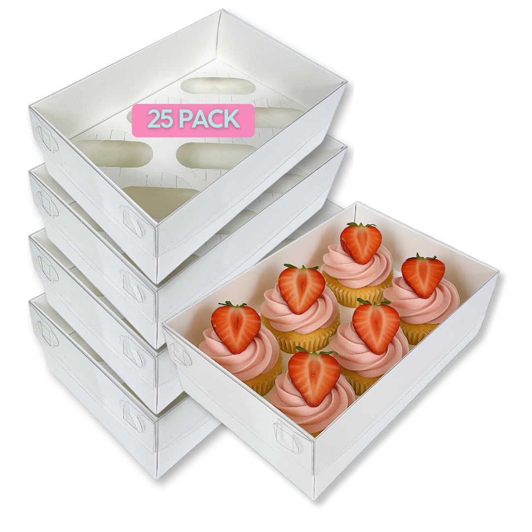 Edible Print Supplies 25 x Extra-Tall Cupcake Boxes With Full Clear Display Lid and Inserts - Plain Matte White (6-Hole)