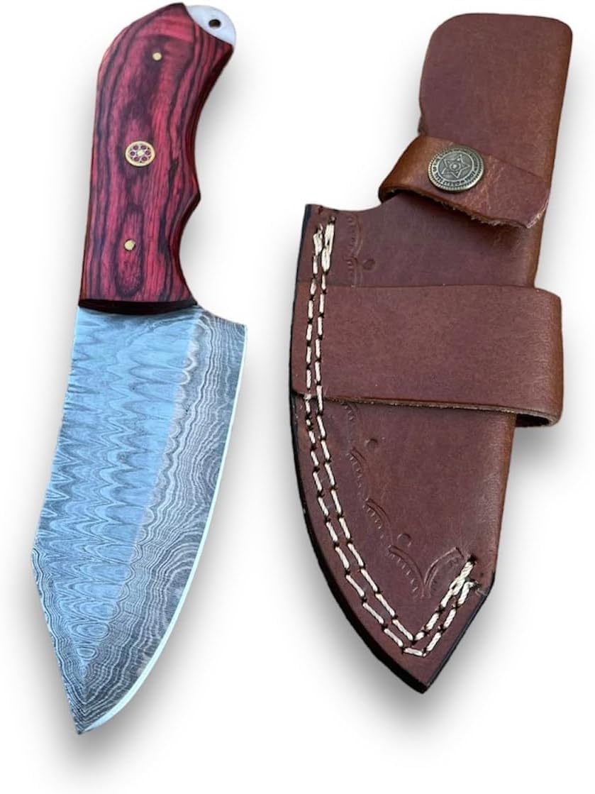 Bushcraft Custom Handmade Damascus Steel Skinner Hunting Knife With Leather Sheath- 8 Inches Skinning Knife for Hunting -Edc Fixed Blade Deer Hunting Knives for men- Belt knifes for Outdoor