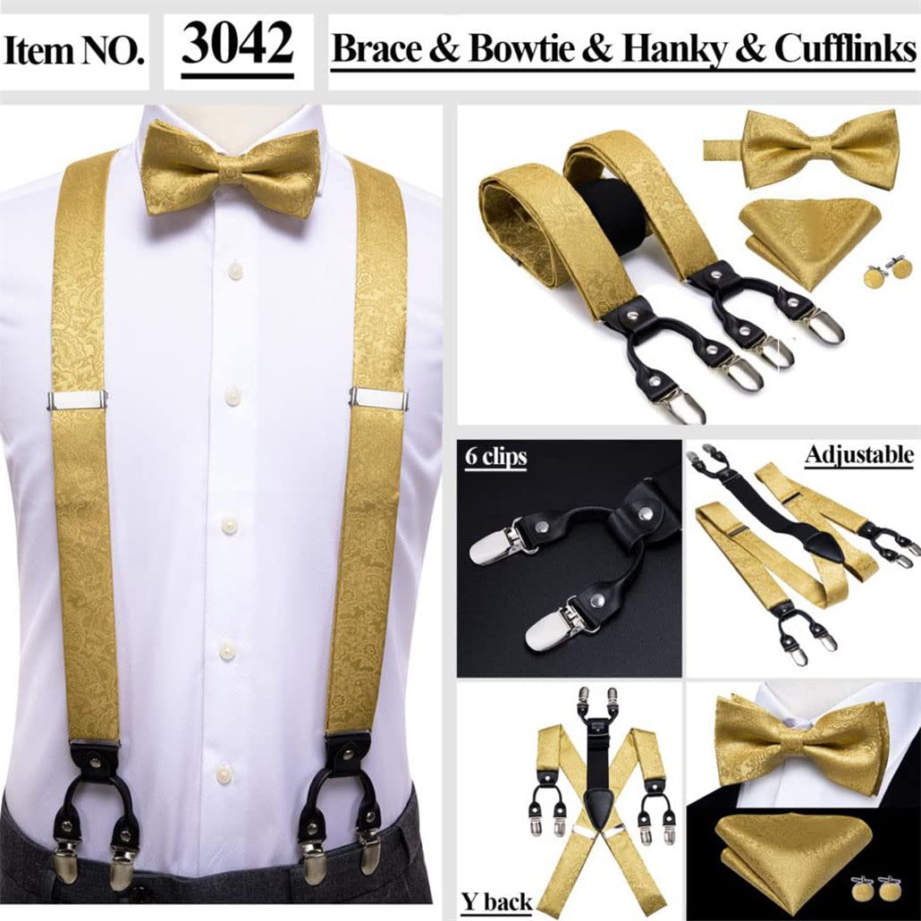keusyoi Herren-Hosenträger-Set aus Seide, goldfarben, Jacquard, 6 Clips, Hosenträger für Herren, Fliege, Einstecktuch, Manschettenknöpfe, schwarzes Leder