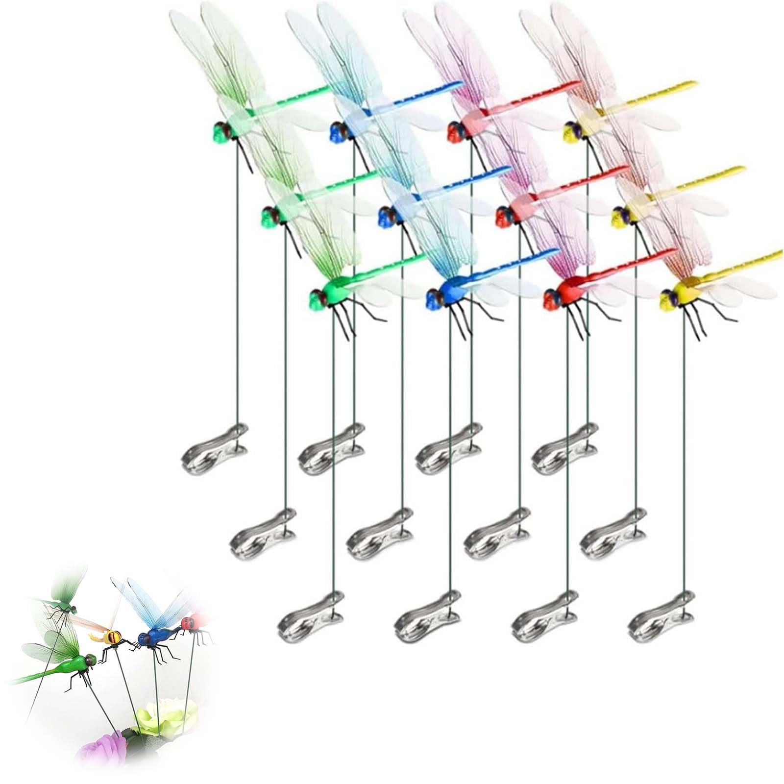 Artificial Dragonfly Pole Clips for Outdoors,Dragonfly Hat Clip,3D Dragonfly Garden Decorative Clips,Horticultural Dragonfly Decoration 12Pcs