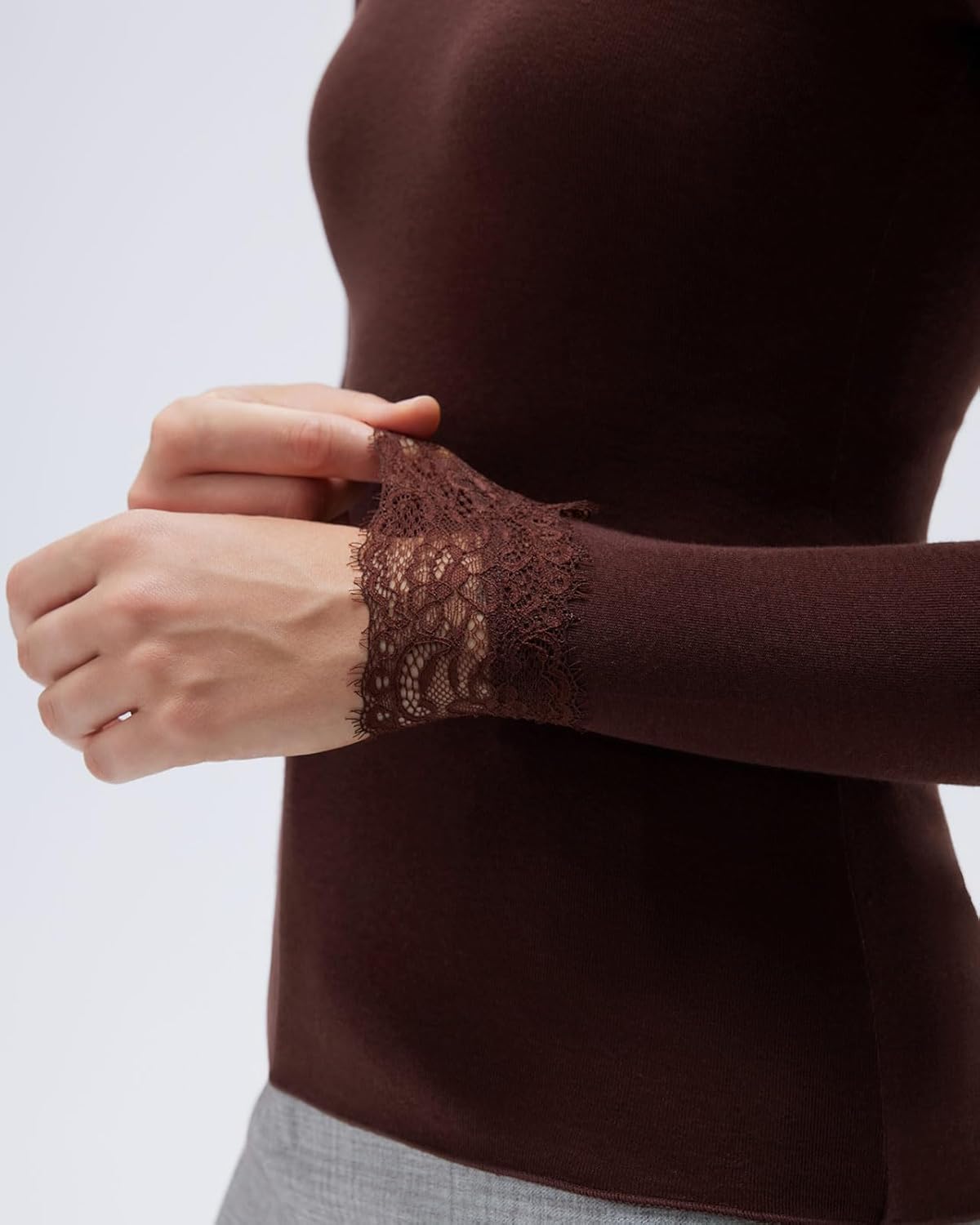 SUUKSESS Cloud Cashmere Women Lace Scoop Neck Tops Basic Long Sleeve Knit Shirts - Image 4