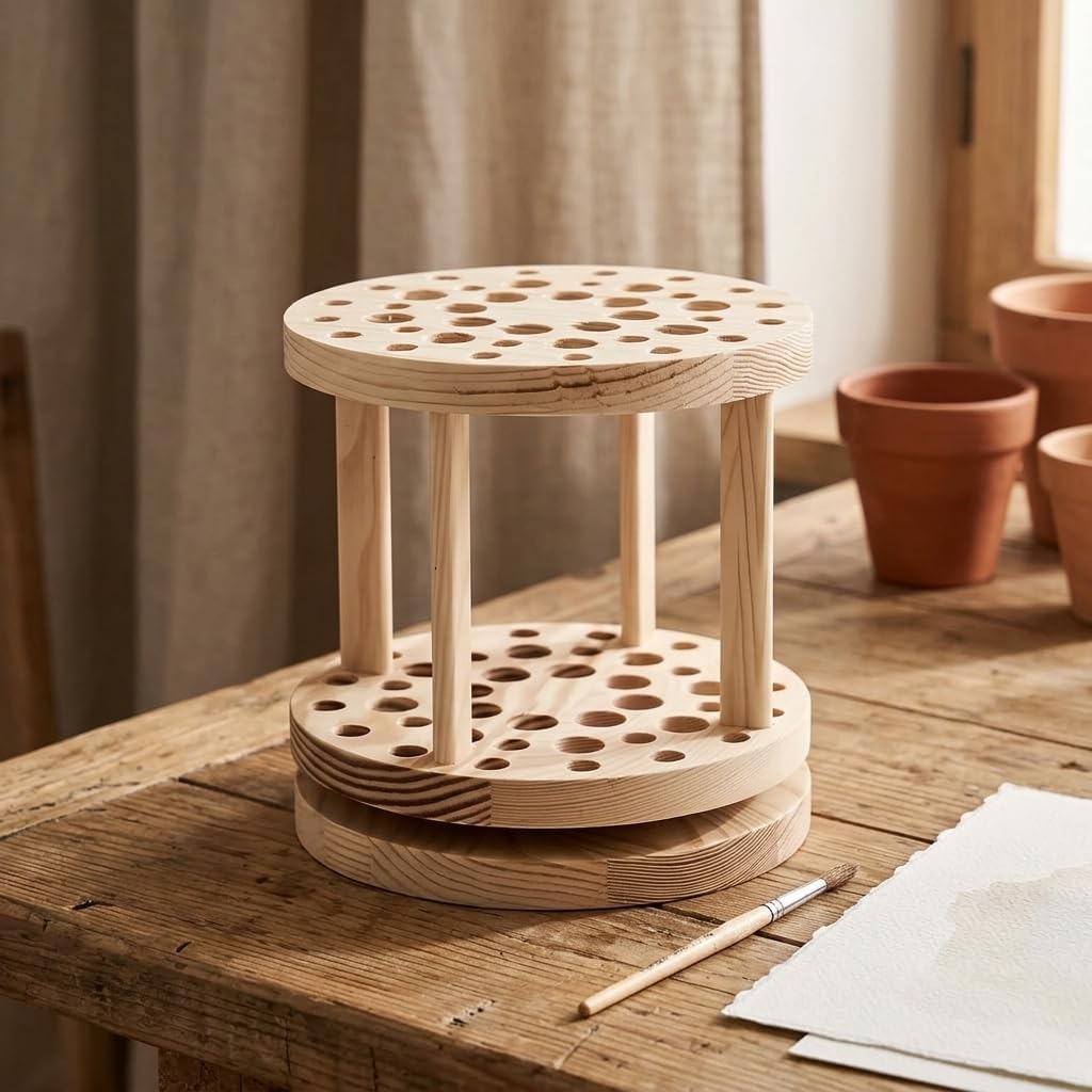 Paint Brush Holder Pine Wood Rotating Cube for Tabletop Crafts