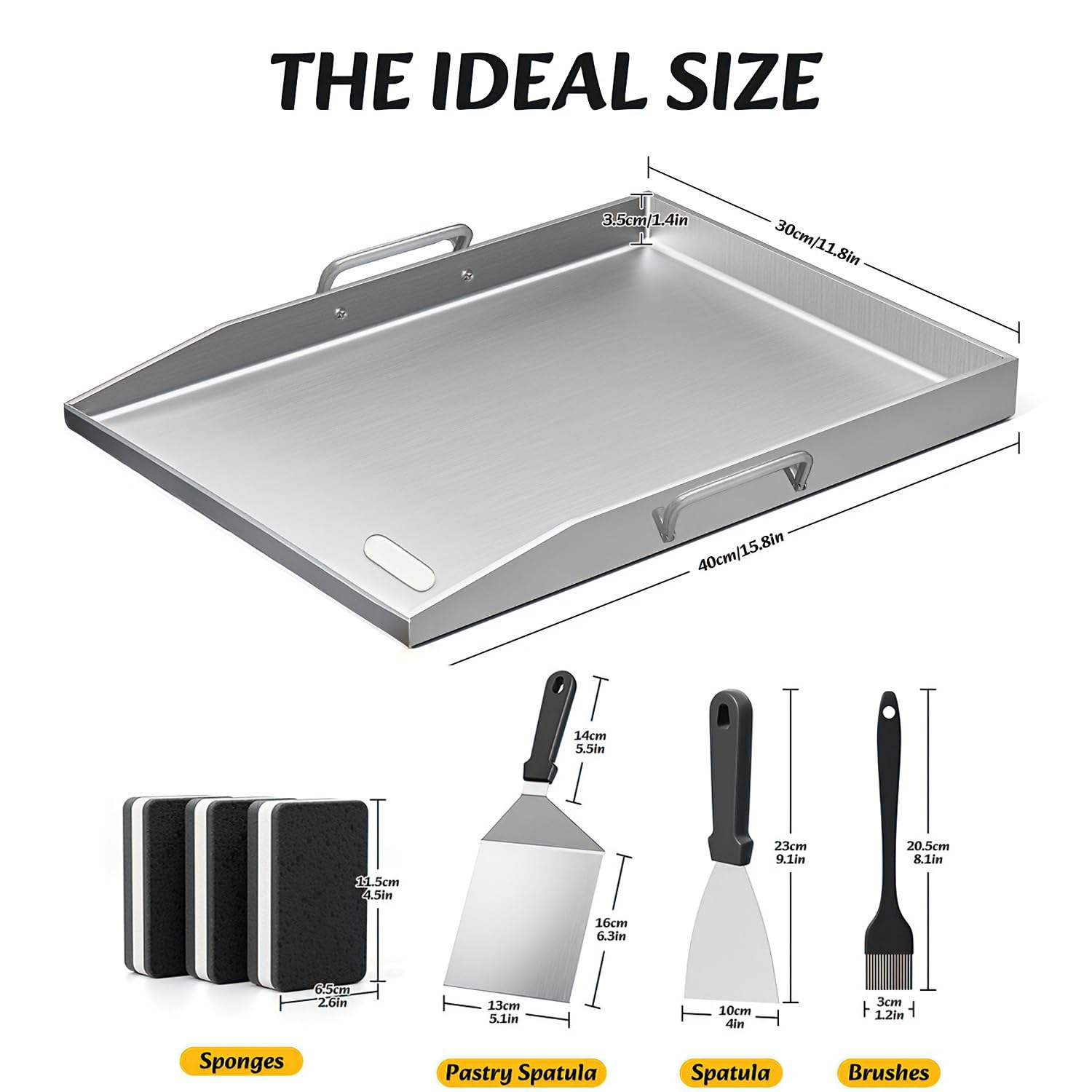 Grillplatte 40x30cm aus Edelstahl 304 mit Grillspachtel Set | Robuste 4mm Edelstahlplatte für Grill, Feuerstelle und Herd.Inklusive praktischem Zubehör für vielseitige Nutzung