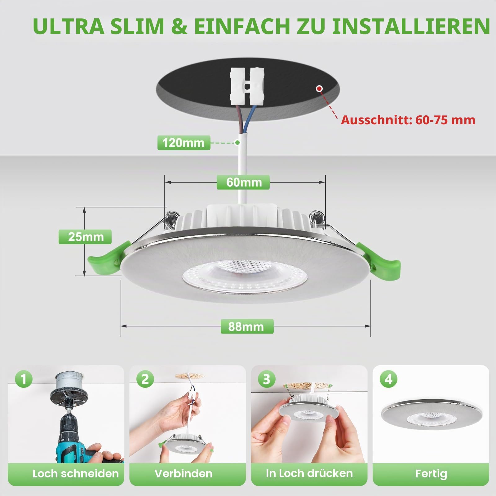 YindaLux 10x LED Einbaustrahler 230V Dimmbar 7W IP44 Nickel Loch 60-75 mm | 700lm, IP44, ultraflach, 3 Lichtfarben 2700K/4000K/6000K, 38° Abstrahlwinkel, Flimmerfrei, für Bad, Küche und Wohnzimmer