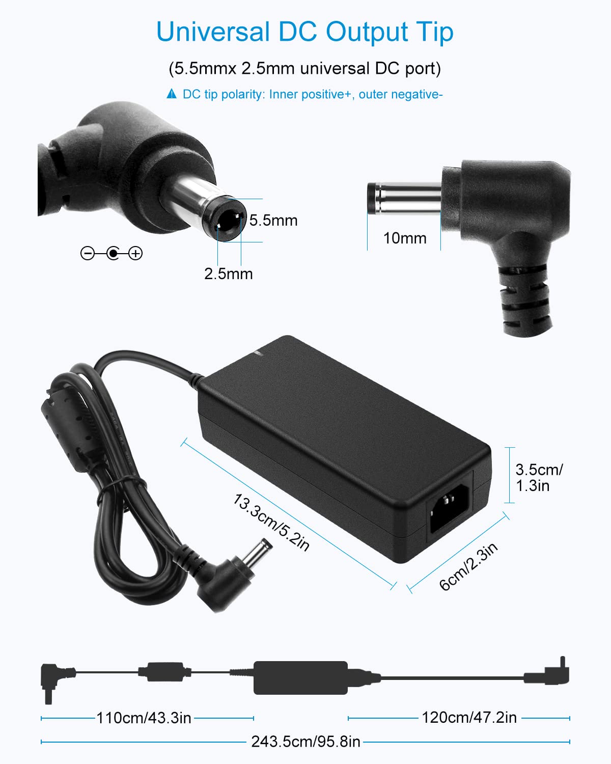 ALITOVE Alimentation 12V 8A 96W Convertisseur de Tension 230V à 12V 8A Adaptateur d'alimentation Transformateur LED Transformateur 5,5 mm x 2,5 mm Prise pour Module de Bande LED 3528 5050 CCTV