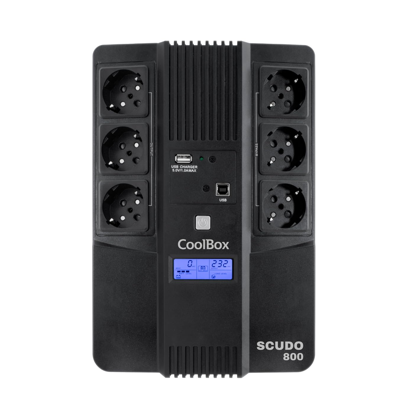 CoolBox SCUDO3 SAI 800VA Sistema de Alimentación Ininterrumpida UPS 800A/480W con Pantalla LCD, 8 Minutos de Autonomía, 6 Tomas Schuko 1 Puerto USB, 2 Puertos RJ-45 (In & out), Software de Control