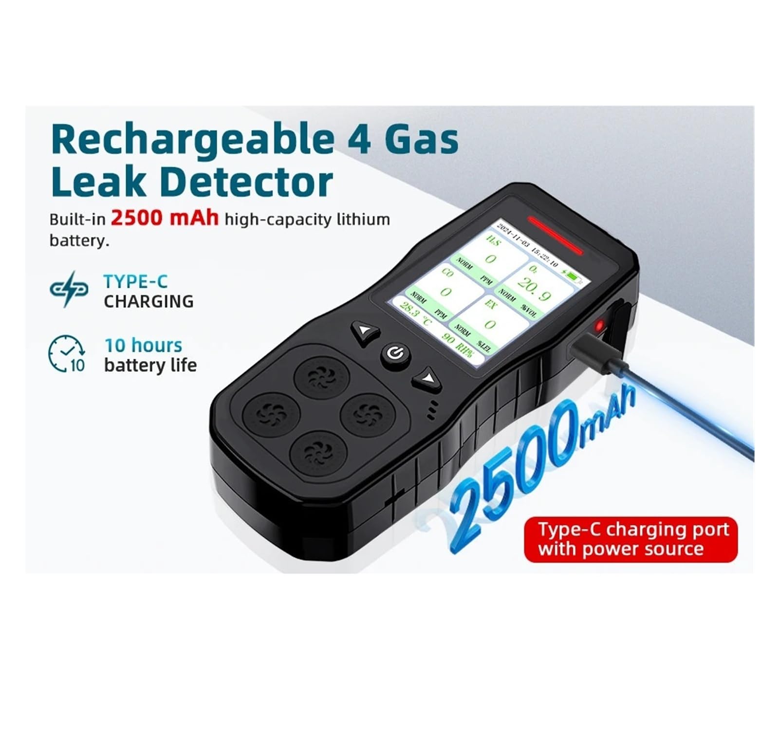 Détecteur Multi-gaz Portable 4 en 1 O2, CO, H2S, analyseur de testeur de gaz Combustible, avec Alarme sonore, Lumineuse et vibrante Temps de réponse Court