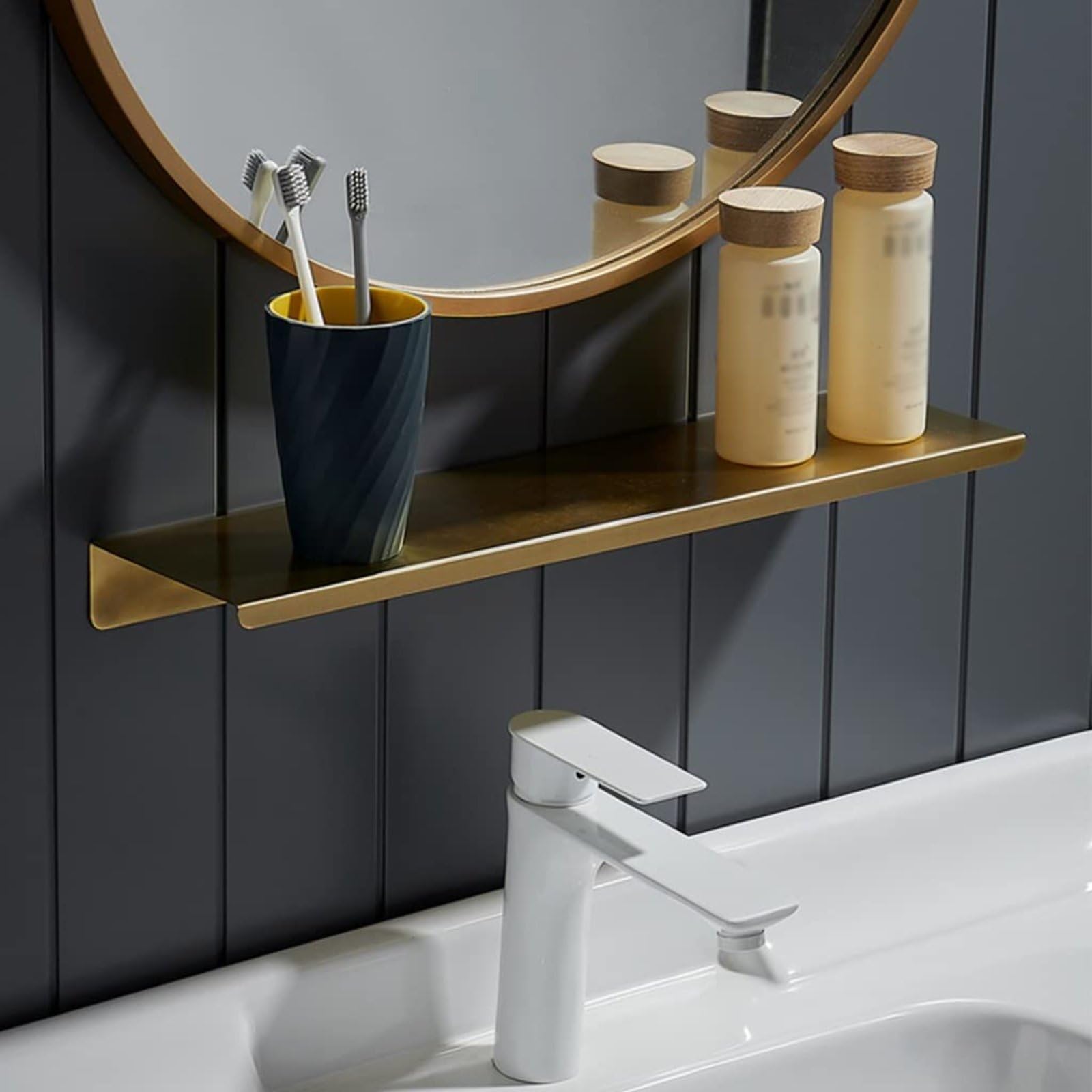 Estante Multifuncional para Ducha, Estante Flotante para Baño, Estante Separador De Ambientes, Estante Frontal De Espejo De Latón Cepillado, Estante De Almacena