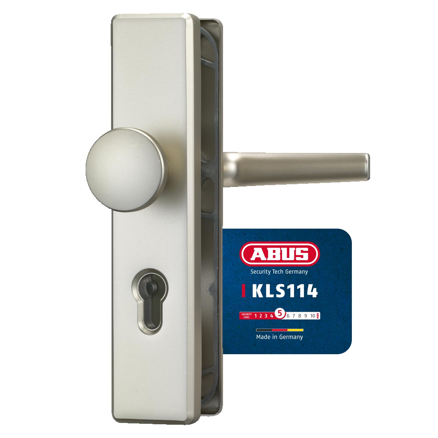 ABUS Türbeschlag KLS114 - für Wohnungstüren mit 72 mm Abstandsmaß - Türgriff innen, Türknauf außen - für nach links und rechts öffnende Türen - VdS anerkannt - F2 (Neusilber)