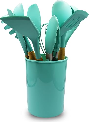Cheer Collection Juego de espátulas de silicona de 12 piezas con asas de madera, utensilios de silicona antiadherentes para cocinar, aguamarina