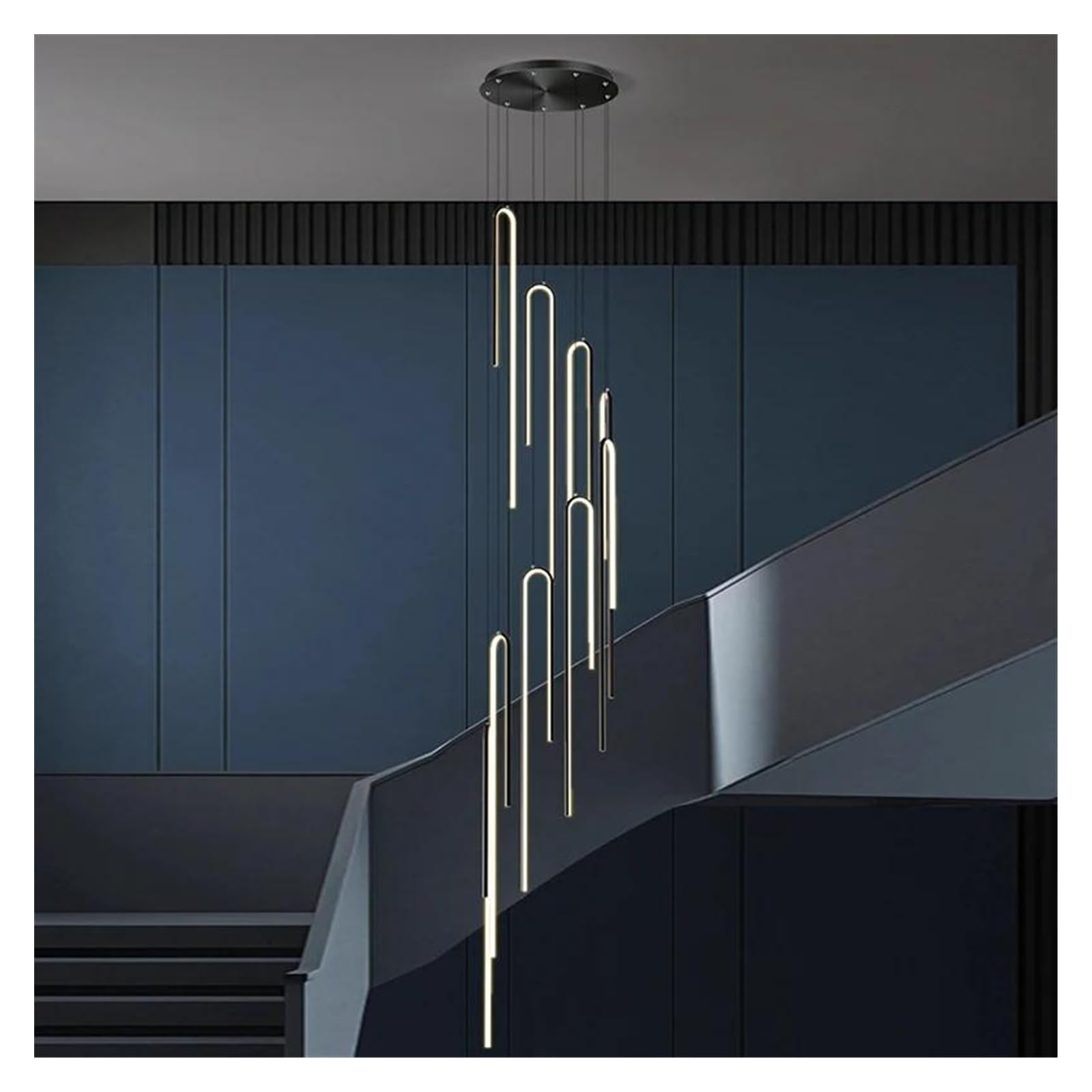 ASerZenith Modern Led Long Strip Chandelier Staircase Lustre Living Room Home Decoration Ceiling,Hanging Light,Warm White-Black 9 Head