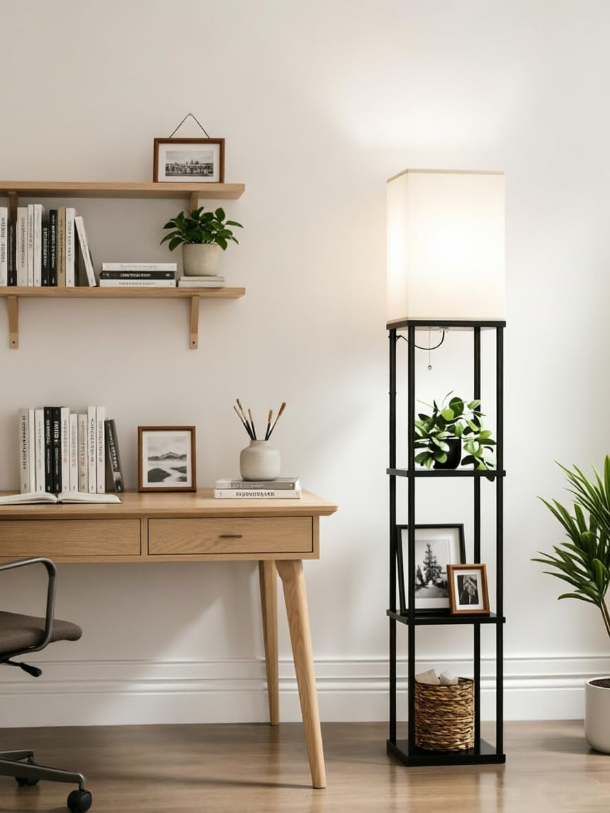 Aimosen Stehlampe mit Regal aus Holz & Metall, LED Stehleuchte mit 3 Farbtemperaturen, 3-stufiges Ablage-Regal, 9W E27 LED, moderne Stehlampe für Wohnzimmer Schlafzimmer Büro, Schwarz