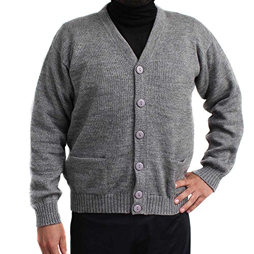 Cardigan Golf Sweater Jersey V Neck Buttons and Pockets Alpaca Blend Made in Peru Gray L