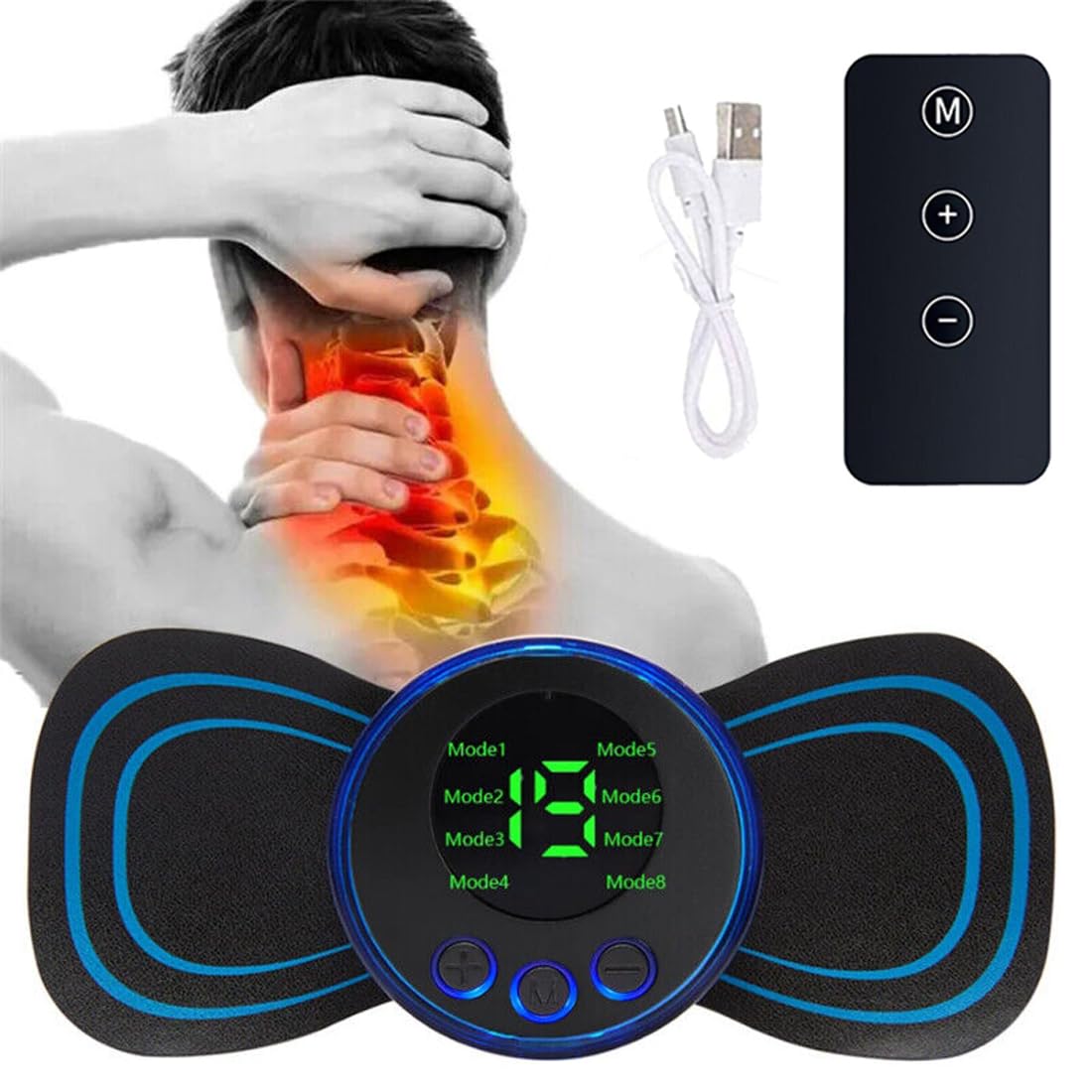 FiTspi EMS Mini Neck Massager Electric Cervical Massage Pad EMS Muscle Stimulator to Relieve Pressure Body Massager for Arms, Neck, Back, Waist, and Legs - 8 Massage Modes & 19 Levels