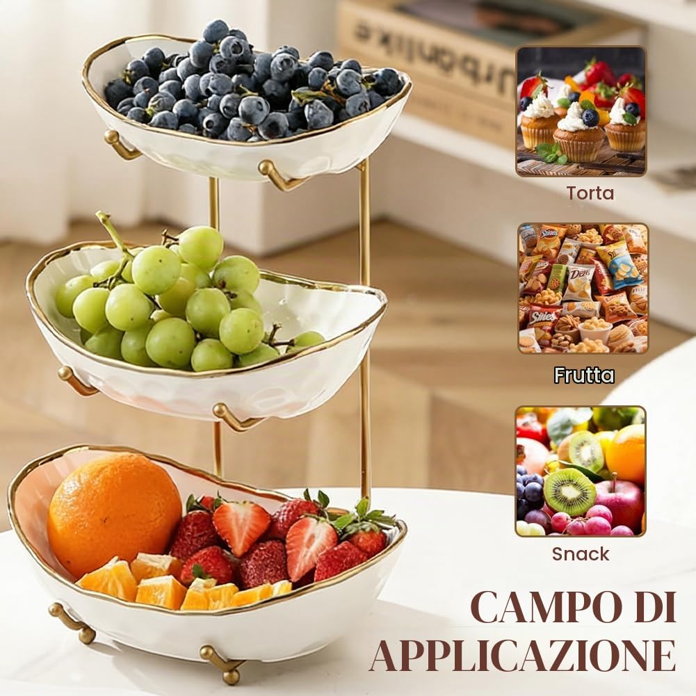 ciotola per frutta in ceramica a 3 strati con supporto in metallo, ciotola per frutta a più livelli, elegante vassoio per servire frutta, verdura e snack, ciotola decorativa per cucina e