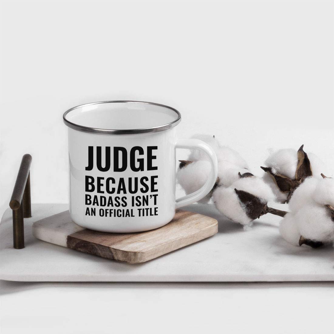 Andaz Press 11oz. Campfire Enamel Mug Gift, Judge Because Badass Isn't an Official Title, 1-Pack, Stainless Steel Metal Camp Cup Christmas Birthday Present Ideas, Includes Gift Box